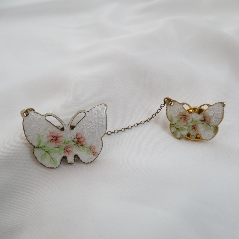 Vintage White Pink Flowers Guilloche Enameled Butterfly Pin Chained Butterflies